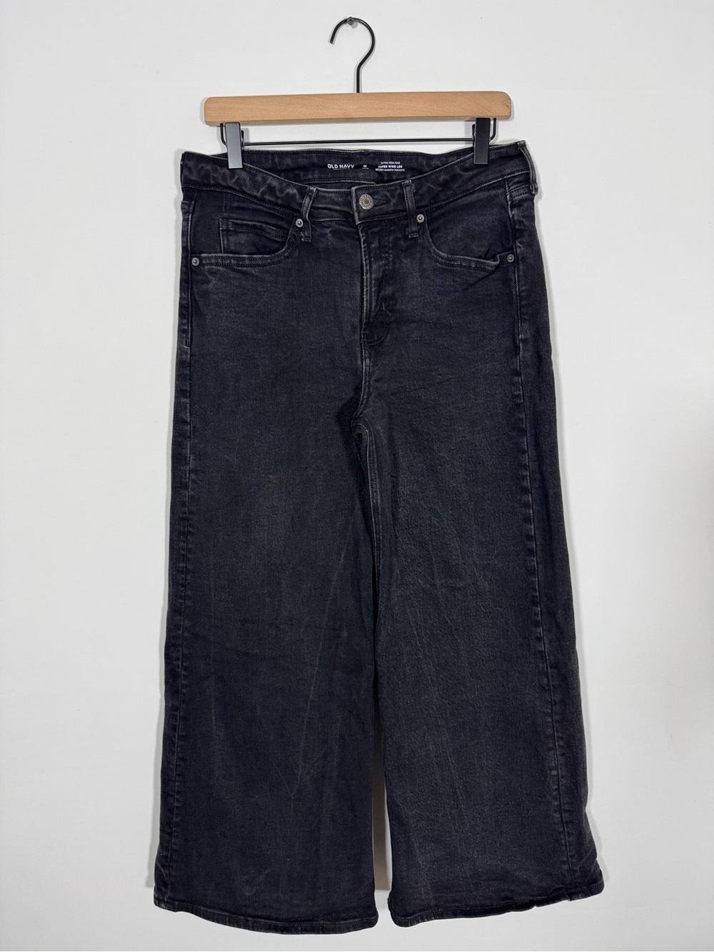 WJ89 {Old Navy} "Extra High Rise Super Wide Leg" Petite Black Loose Baggy Jeans